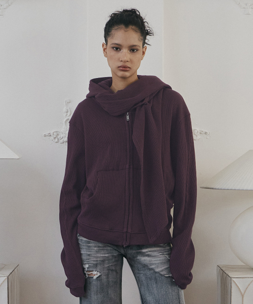 Posie Scarf Waffle Hoodie Zip Up (Plum)