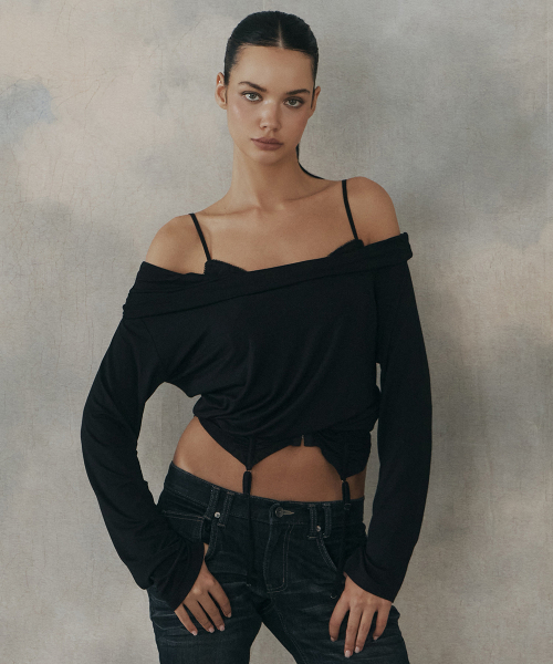 Bree Unbal Shirring Long Sleeve Top (Black)