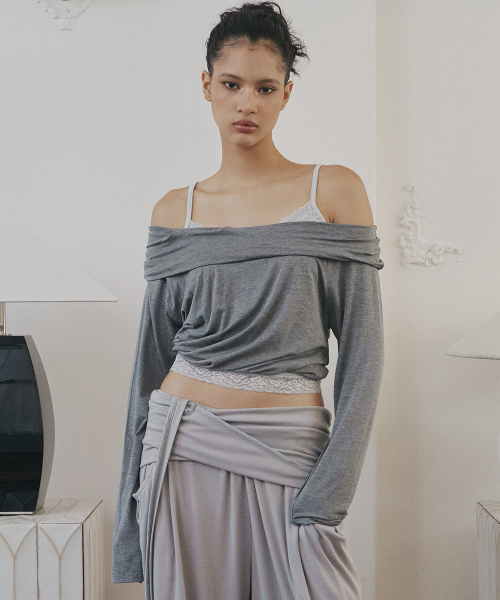 Bree Unbal Shirring Long Sleeve Top (Melange Charcoal)