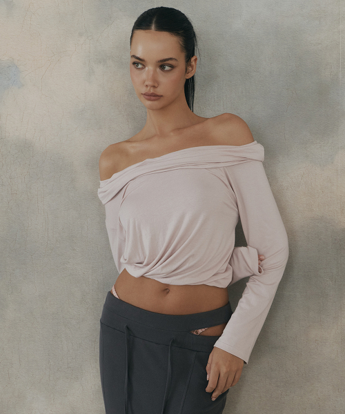 Bree Unbal Shirring Long Sleeve Top (Cloud Pink)