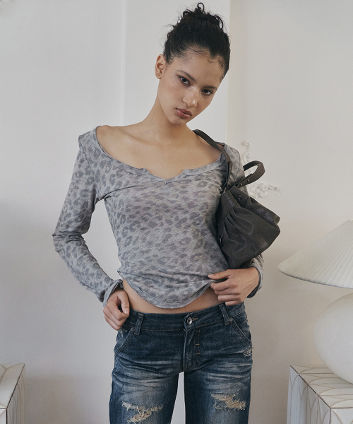 Sabine Leopard Long Sleeve Top (Melange Grey)