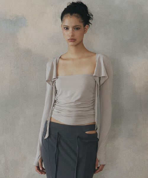 Nari Shirring Long Sleeve Tie Top (Silver Grey)