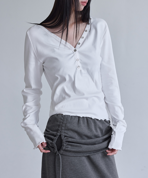 Button V-neck Long Sleeve T-shirts, 3colors