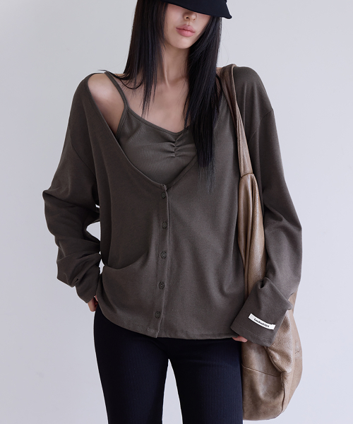 Deep V-Neck Relaxed Cardigan, BROWN