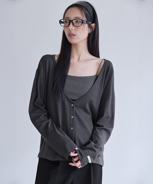 Deep V-Neck Relaxed Cardigan, CHARCOAL