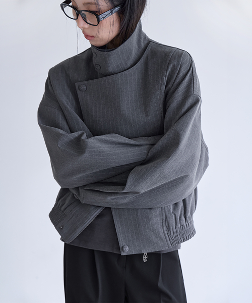 Oversized High-Neck Stripe Blouson, CHARCOAL