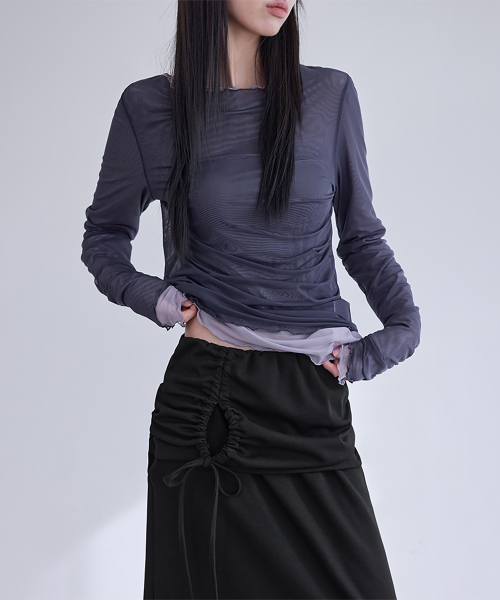 Mesh Shirring Layered Long Sleeve, 3colors