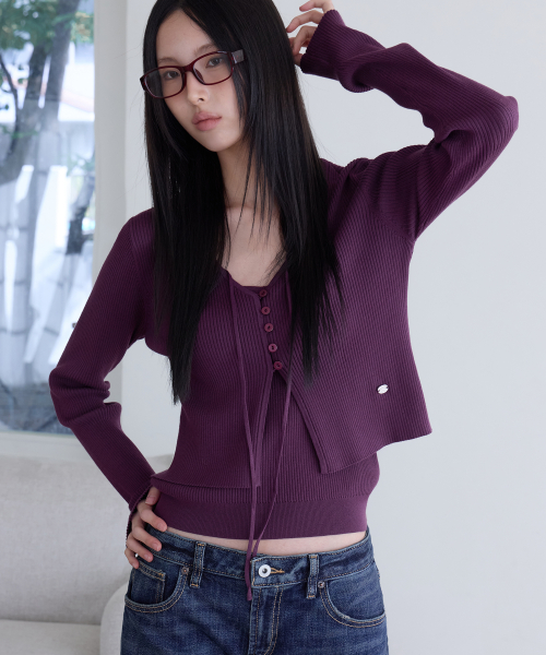 Slim Rib Knit Top&Cardigan Set, PURPLE