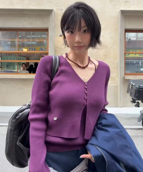Slim Rib Knit Top&Cardigan Set, PURPLE