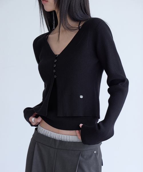Slim Rib Knit Top&Cardigan Set, BLACK