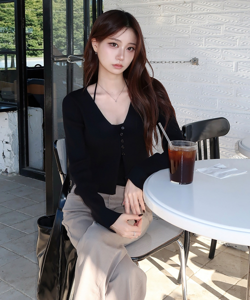 Slim Rib Knit Top&Cardigan Set, BLACK
