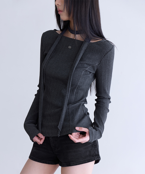 Tie Long Sleeve T-Shirt, CHARCOAL