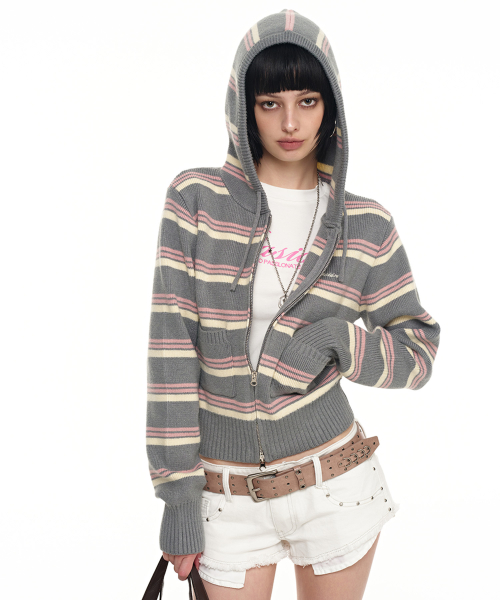 Mellow Stripe Hoodie Zip-Up_Gray