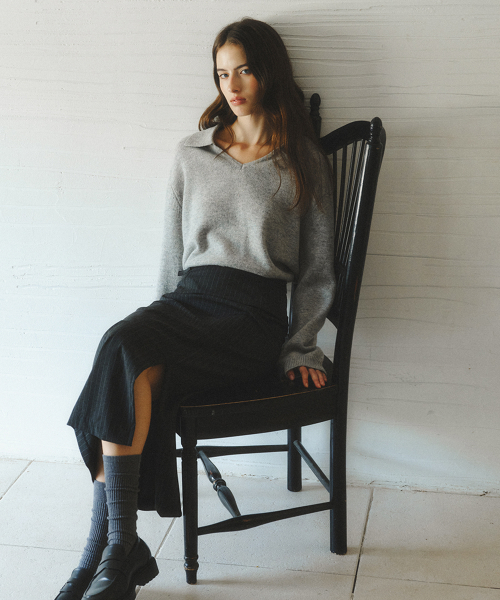 SERIN v-neck collar wool knit_GRAY