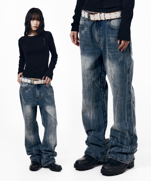 Destroyed Streak Flare Denim Pants (Blue)