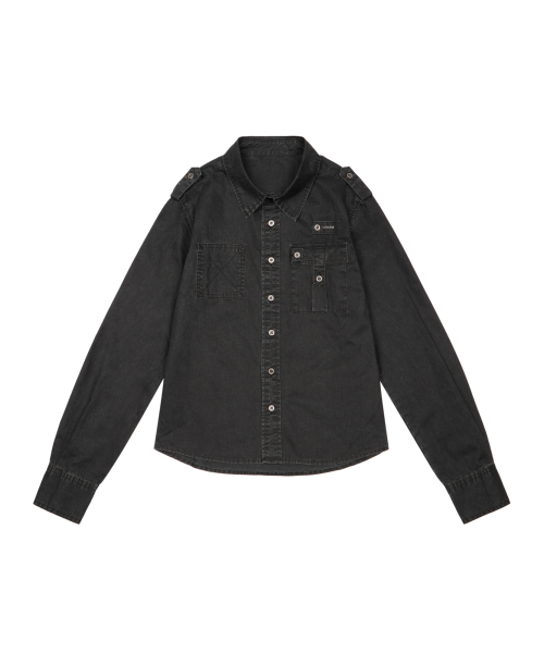 Vintaged Washed Pocket Long Shirts (Black)
