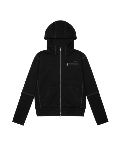 Waffle Sleeve Hoodie Zip-Up (Black)
