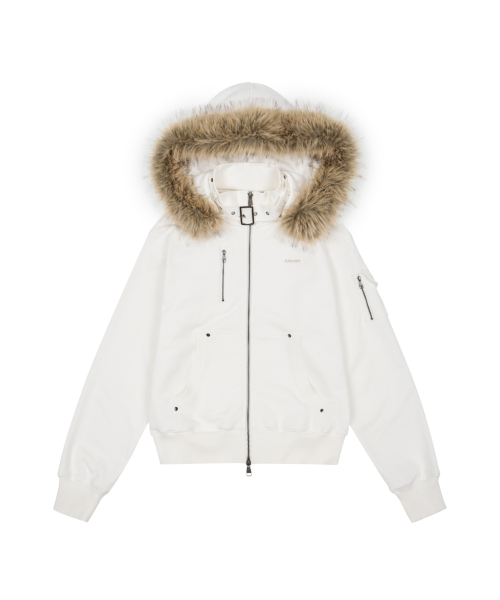 High Neck Fur Hoodie Zip-Up (White)