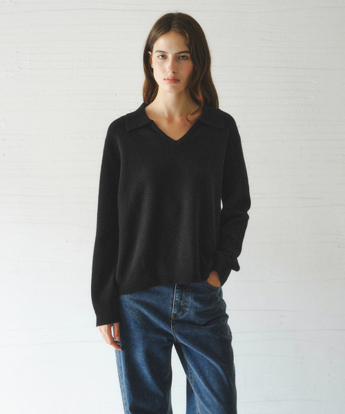 SERIN v-neck collar wool knit_BLACK