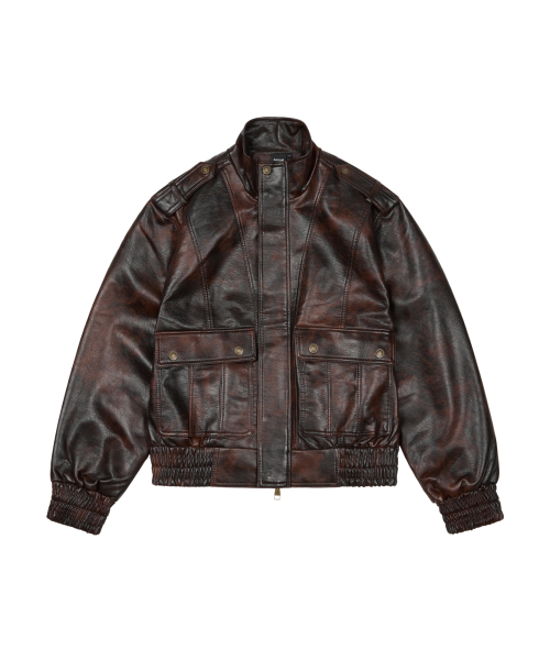 Epaulet High Neck Leather Jacket (Brown)