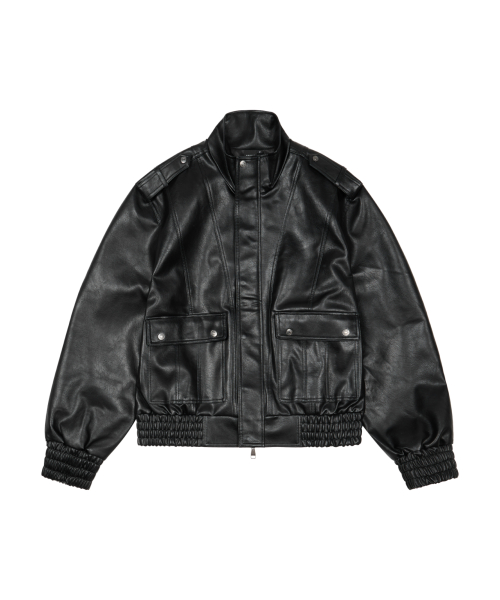 Epaulet High Neck Leather Jacket (Black)