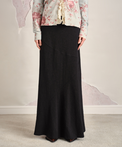 PANELED COTTON MAXI SKIRT, BLACK