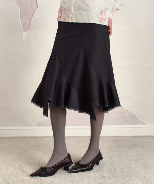 ASYMMETRIC LACE MIDI SKIRT, CHARCOAL
