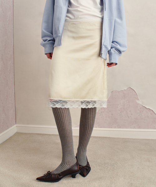 SILKY LACE BANDING MIDI SKIRT, LEMON
