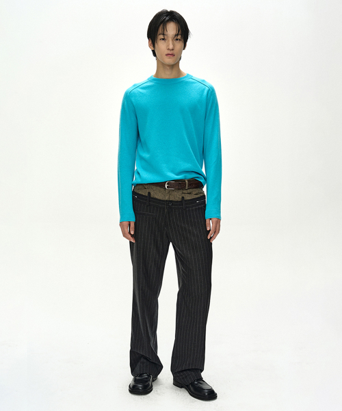 DOUBLE WAIST STRIPE WOOL TROUSERS (DARK GREY/BEIGE)