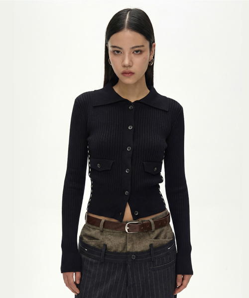 CASHMERE HAND STITCHED RIB CARDIGAN (BLACK)