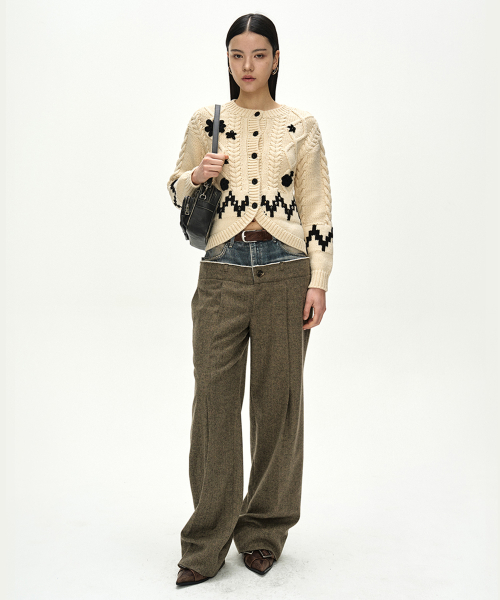 DENIM-WAIST HERRINGBONE TROUSERS (KHAKI BROWN)