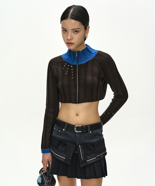 STUDDED WIDE RIB CROP ZIP-UP (BROWN/BLUE)