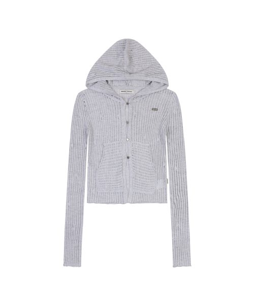SHEER RIBBED HOODED CARDIGAN [MELANGE GRAY]