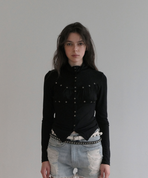 STUD SHIRRING JERSEY CARDIGAN [BLACK]