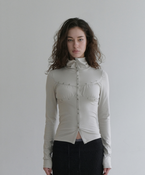 STUD SHIRRING JERSEY CARDIGAN [BEIGE]