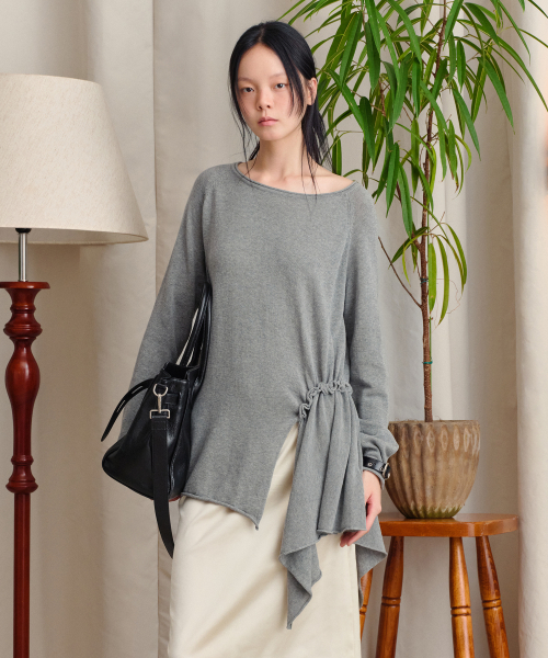 SIDE SHIRRING BOAT NECK KNIT, MELANGE GREY