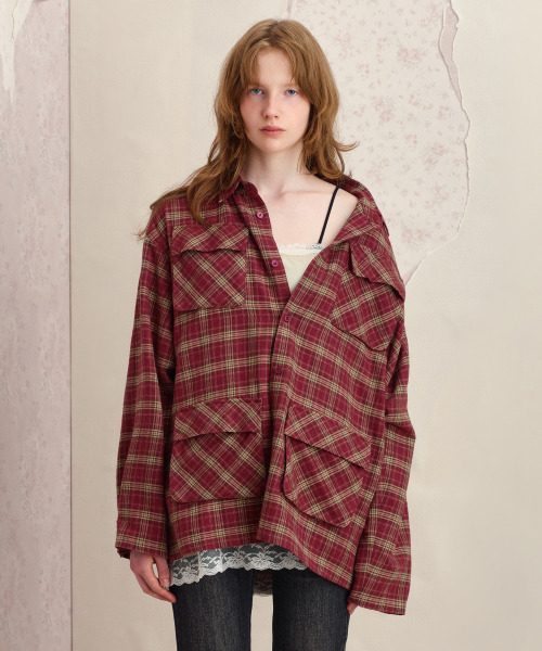 POCKET OVERFIT CHECK SHIRT, BURGUNDY