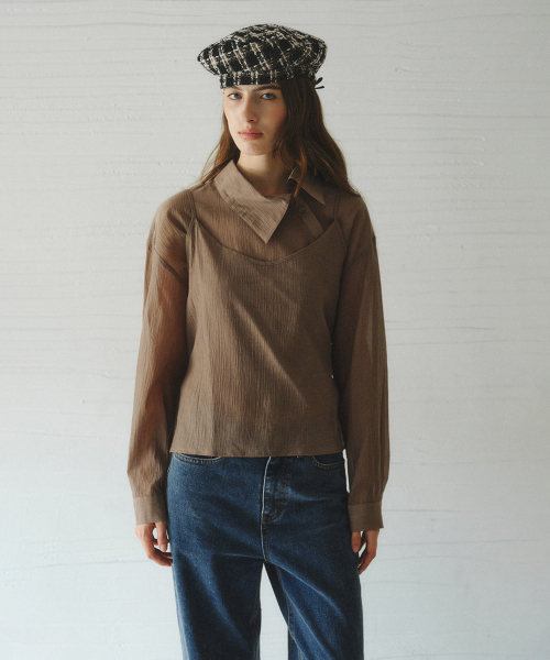 NESIA bustier unbalanced blouse set_BROWN