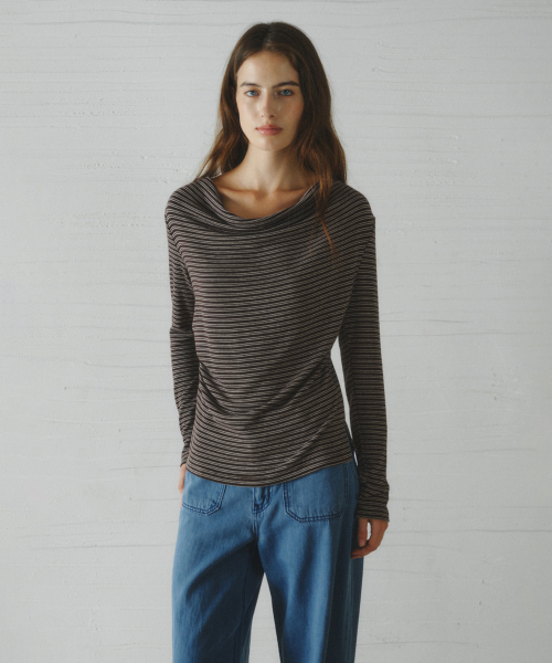 GRACE draped stripe t-shirt_BROWN STRIPE