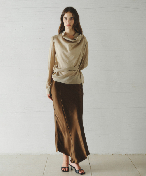 ALOHA unbalanced satin long skirt_BROWN
