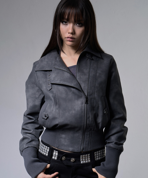 HIGH-NECK RIBBED LEATHER JACKET (CHARCOAL) F26ZA506