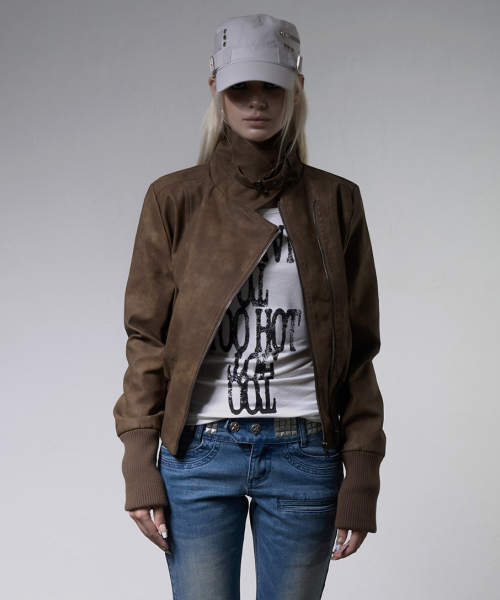 HIGH-NECK RIBBED LEATHER JACKET (BROWN) F26ZA506