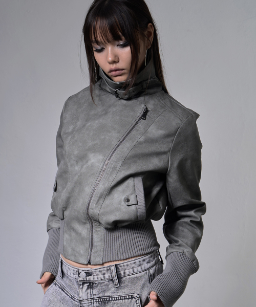 HIGH-NECK RIBBED LEATHER JACKET (LIGHT GRAY) F26ZA506