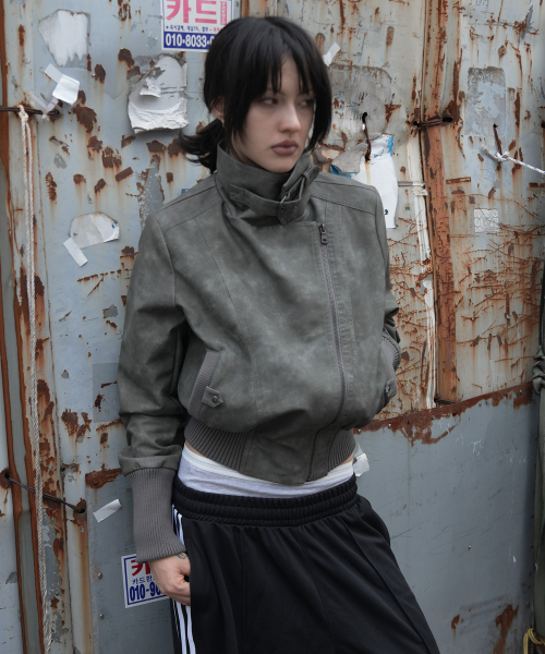 HIGH-NECK RIBBED LEATHER JACKET (LIGHT GRAY) F26ZA506