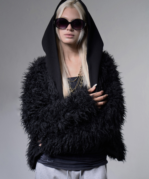 RIBBED HOODED FUR CARDIGAN (BLACK) F26ZA504