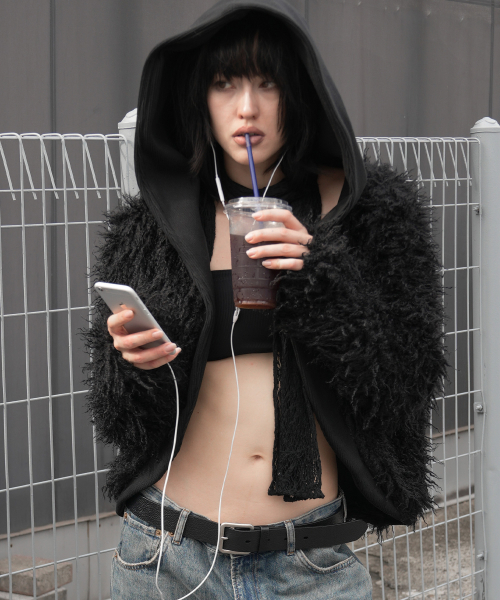 RIBBED HOODED FUR CARDIGAN (BLACK) F26ZA504