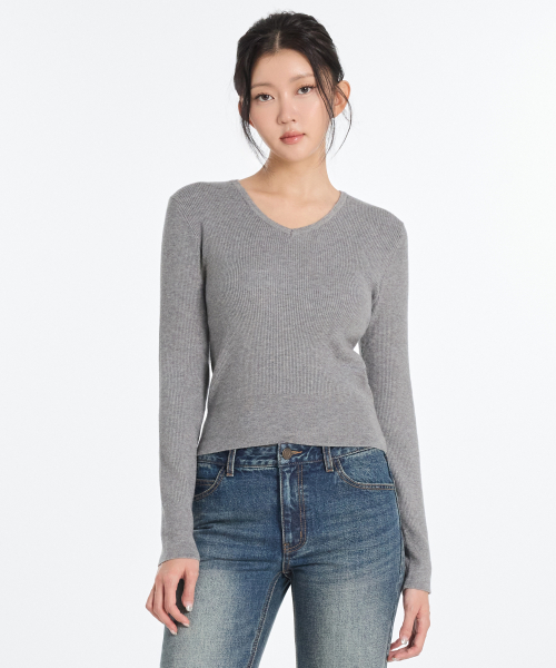 W Basic Ribbed Crop Vneck Knit (3 Colors)