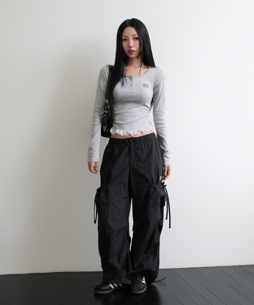 LACE CONTRAST HALTERNECK T-SHIRT [GRAY]