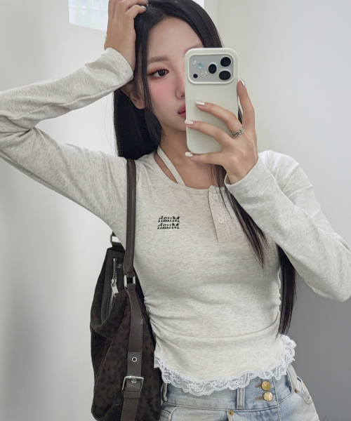 LACE CONTRAST HALTERNECK T-SHIRT [OATMEAL]