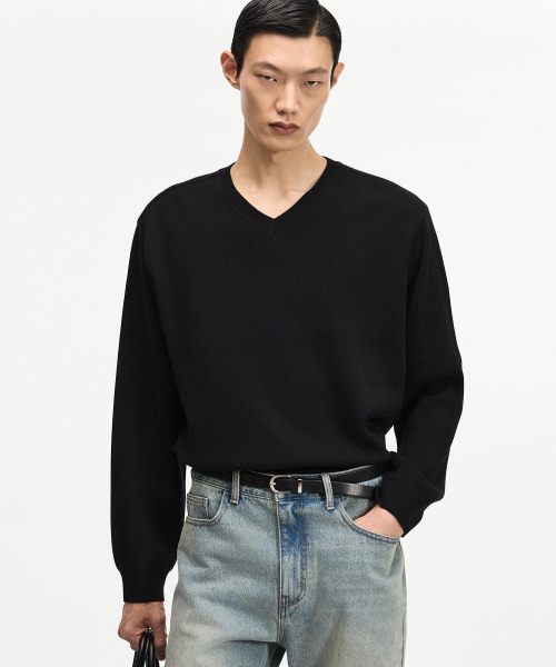 Cashmere Blended V-Neck Knit Top (Black) TNSW6F114BK